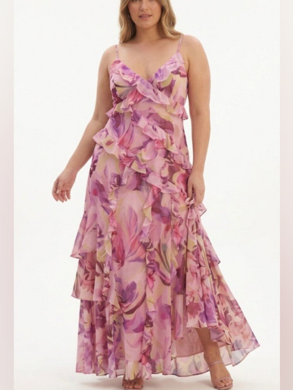 Hutch Floral Ruffle Tiered Maxi Dress Pink Watercolor - Size 12P